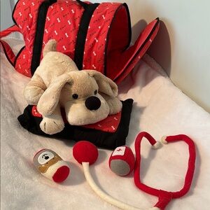 FAO Schwarz Red and Tan Stuffed Animal Vet Set